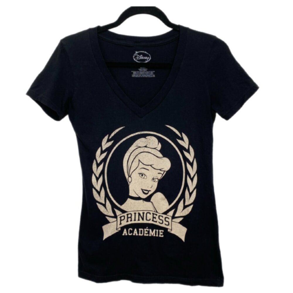 Disney Cinderella Princess Academie Black V-Neck Graphic Tee Shirt - Size M - Picture 2 of 5